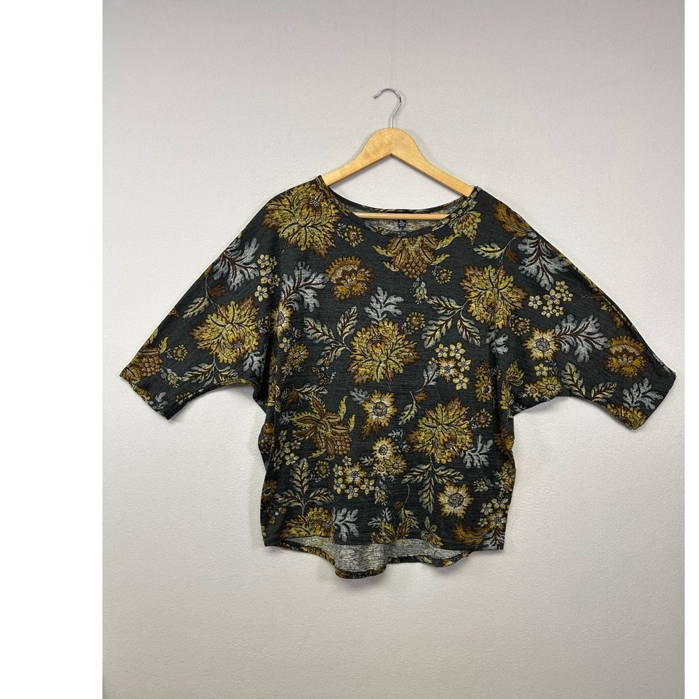 Boho Cottagecore Olivia Blu Womens XL Grey Yellow Floral Dolman Knit Tunic Top